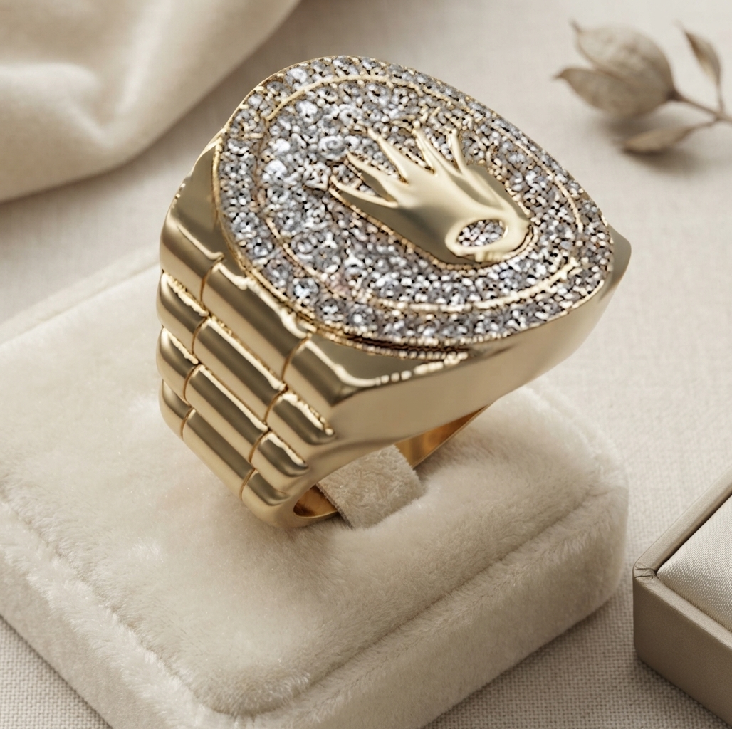 14 Ayar Altın Pave Taşlı Crown Rolex Model Yüzük