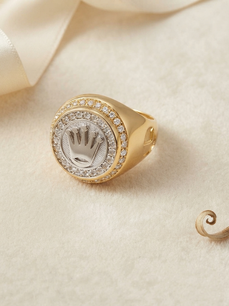 14 Ayar Altın Rolex Model Crown Taşlı Erkek Yüzük