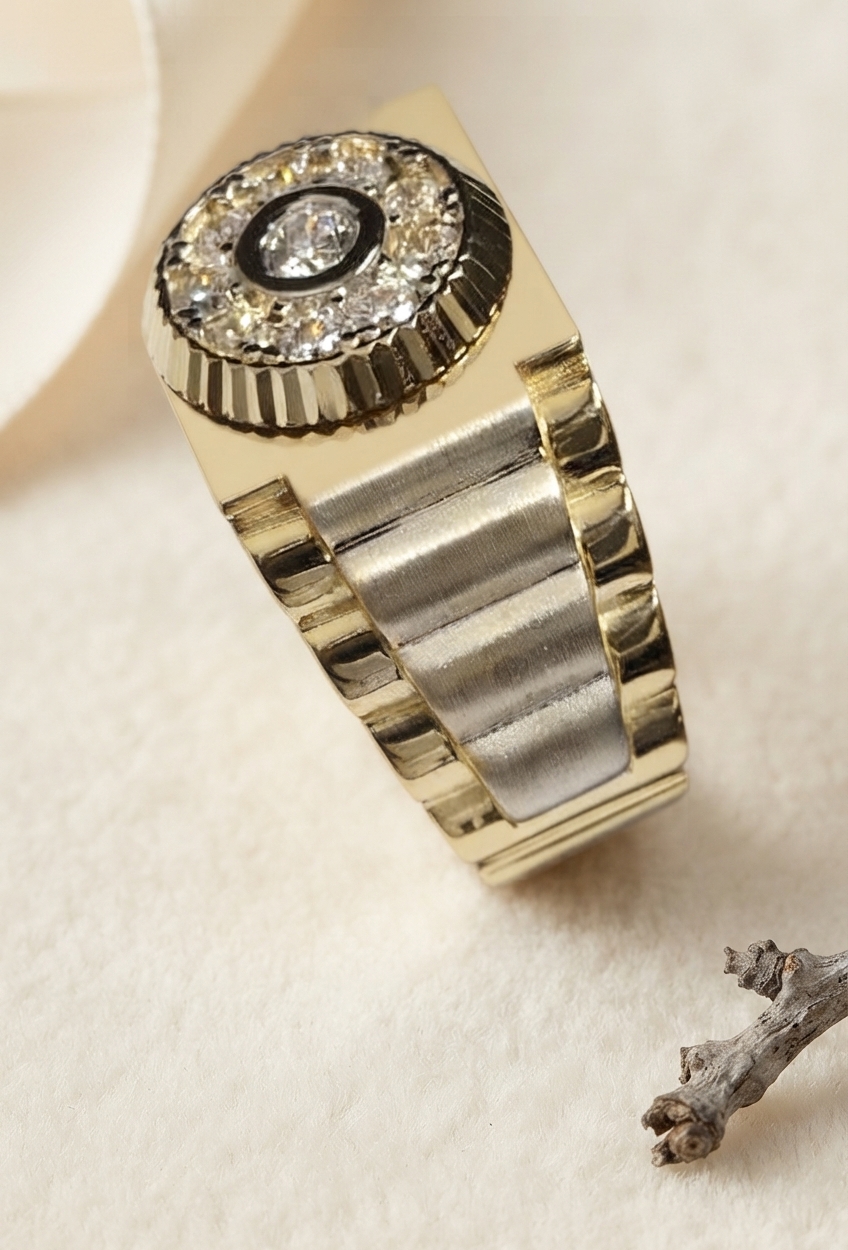14 Ayar Altın Rolex Tasarımlı Taşlı Erkek Yüzük