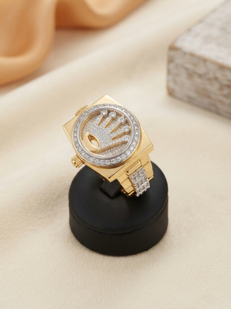 14 Ayar Altın Rolex Tasarımlı Taşlı Erkek Yüzük