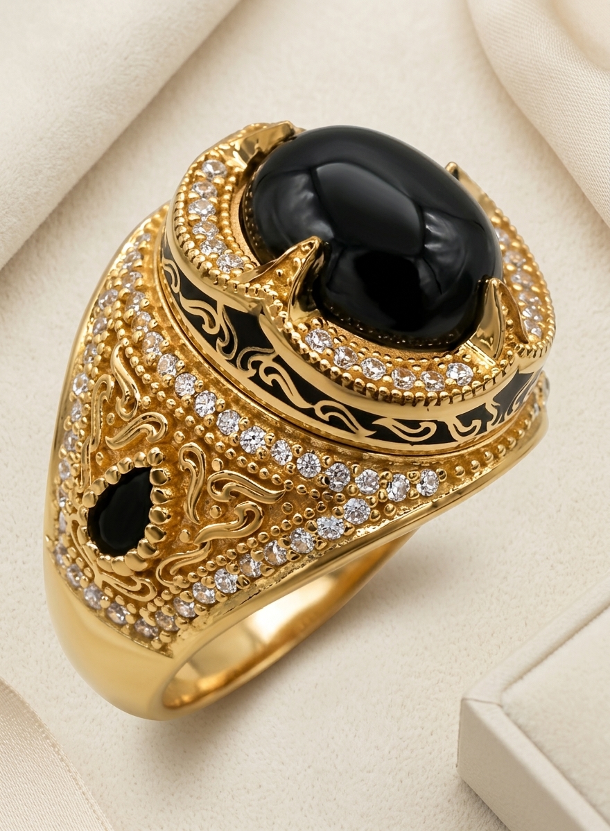 14 Karat Gold Men's Ring with Black Stone and Zircon Embellishment