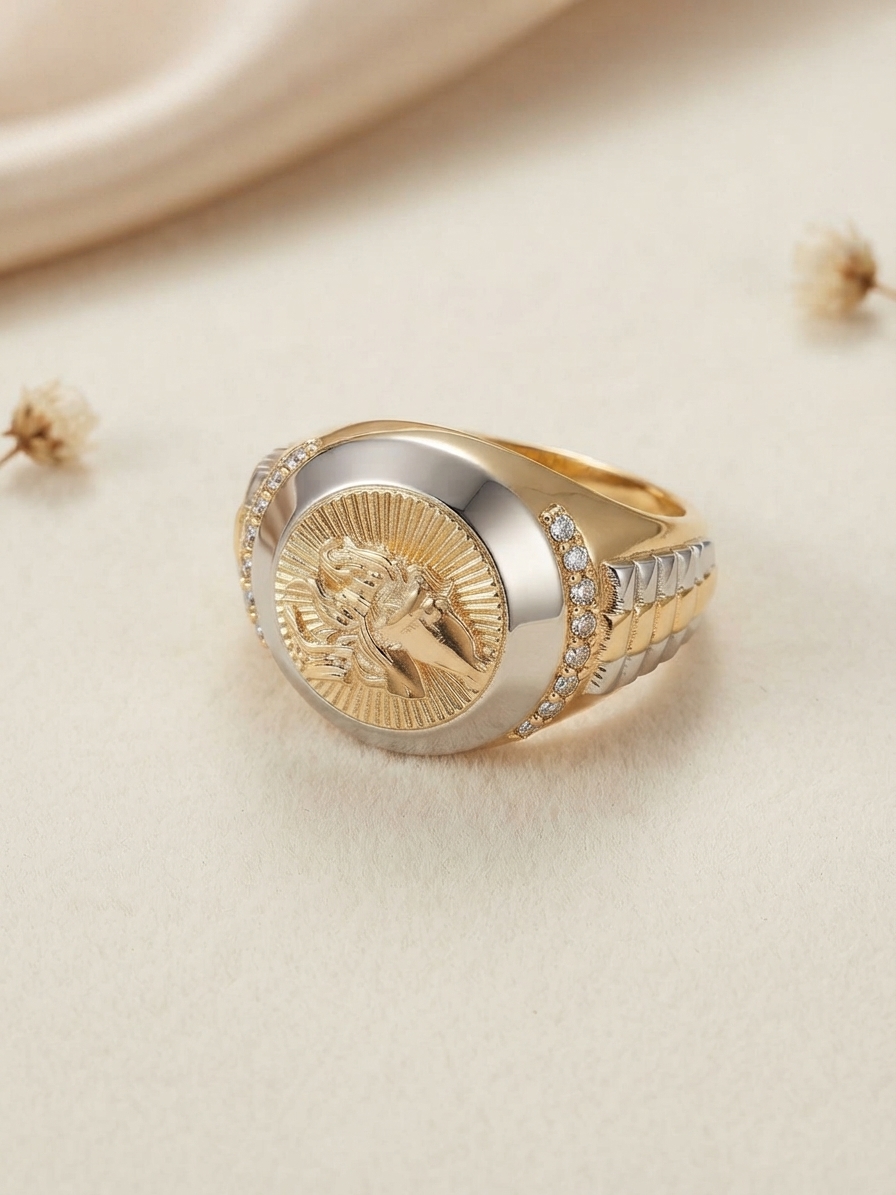 14 Ayar Altın Rolex Model At Figürlü Taşlı Yüzük